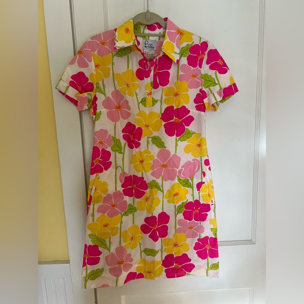 Lilly Pulitzer Pink and Yellow Floral Short Dress with Collar Cotton Size 10